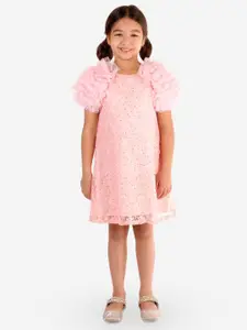 KidsDew Girls Round Neck Ruffles Embroidered Lace A-Line Dress