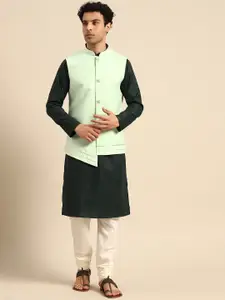 KISAH Men Mandarin Collar Straight Kurta with Churidar & Embellished Nehru Jacket Set