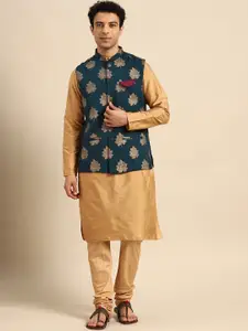 KISAH Mandarin Collar Straight Kurta with Churidar & Nehru Jacket