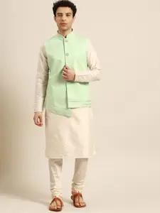KISAH Mandarin Collar Regular Straight Kurta With Churidar & Nehru Jacket
