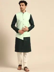 KISAH Mandarin Collar Regular Straight Kurta With Churidar & Nehru Jacket Set