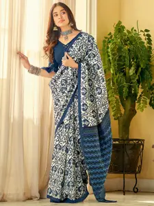 Saree mall Off White & Blue Ethnic Motifs Dabu Saree
