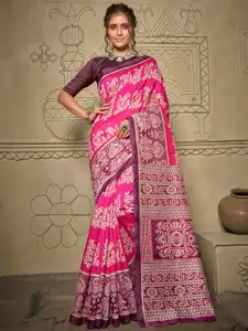 Saree mall Pink & Cream-Coloured Ethnic Motifs Ikat Saree