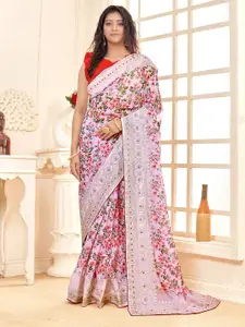 Saree mall White & Red Floral Embroidered Organza Sungudi Saree