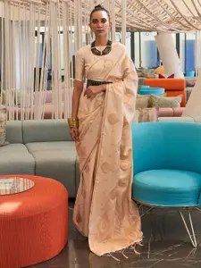 Saree mall Cream & Gold-Toned Ethnic Motif Woven Design Zari Pure Silk Banarasi Sarees
