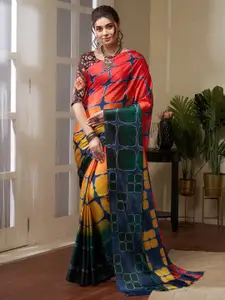 Saree mall Red Yellow Geometric Printed Poly Crepe Saree
