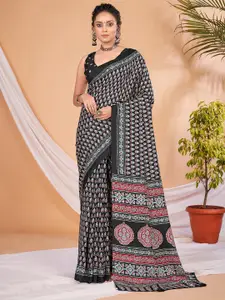 Saree mall Black & Red Floral Printed Silk Sarees