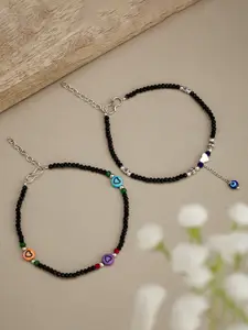 ATIBELLE Set of 2 Silver-Plated Stone-Studded & Beaded Evil-Eye Anklets