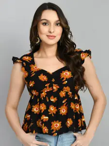 PRETTY LOVING THING Floral Print Sweetheart Neck Flutter Sleeve Peplum Top