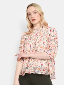 V-Mart Floral Printed Mandarin Collar Accordion Pleated Georgette Shirt Style Top