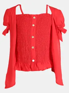V-Mart Puff Tie-up Sleeves Smocked Cotton Top