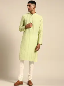 KISAH Mandarin Collar Embroidered Pure Cotton Kurta with Churidar Set