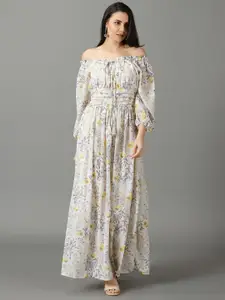 SHOWOFF Off Shoulder Floral Printed Chiffon Maxi Dress