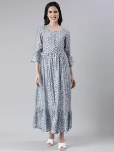 Neerus Floral Print Bell Sleeve Maxi Dress