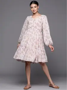 Varanga Off White & Pink Floral Printed Puff Sleeves Tiered A-Line Dress