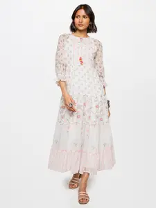Global Desi Floral Printed Tie-Up Neck Tiered A-Line Dress