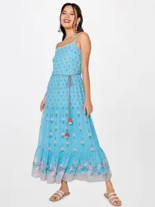 Global Desi Floral Printed Shoulder Straps Smocked Maxi Dress With Belt