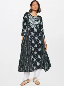 Global Desi Floral Printed Mirror Work A-Line Kurta