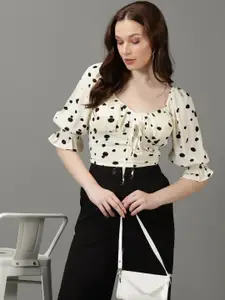 SHOWOFF Polka Dots Printed Sweetheart Neck Puff Sleeve Fitted Top