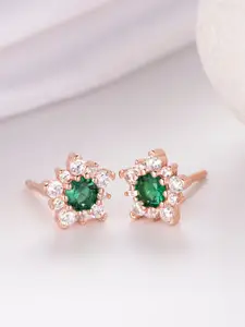 Zavya Green Rose Gold-Plated Floral Silver Studs Earrings