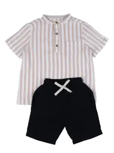 Biglilpeople Boys Striped Mandarin Collar Cotton Linen Shirt With Shorts