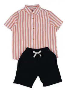 Biglilpeople Boys Striped Shirt Collar Cotton Linen Shirt With Shorts