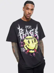 boohooMAN Gothic Graffiti Face Print Drop-Shoulder Pure Cotton Oversize T-shirt