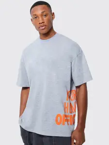 boohooMAN Men Grey Melange Typography Printed Drop-Shoulder Sleeves Pure Cotton Oversize T-shirt