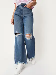 max Women Frayed Slash Knee Wide Leg Pure Cotton Jeans