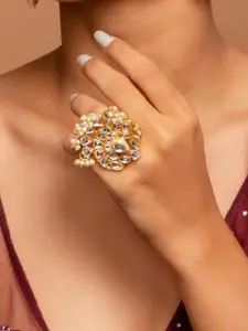 Fida Gold-Plated Kundan-Studded & Pearl Beaded Adjustable Finger Ring