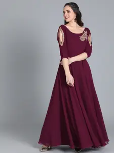 Ethnovog Slit Sleeve Georgette Applique Maxi Ethnic Dress