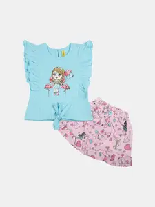 V-Mart Infants Girls Printed Pure Cotton T-shirt with Skirt