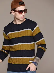 The Roadster Lifestyle Co. Horizontally Striped Acrylic Pullover with Cable Knit Detail