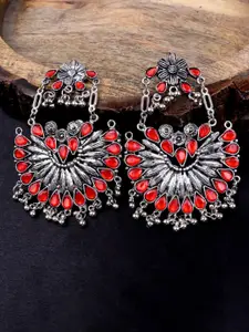 VAGHBHATT Silver-Plated Stone Studed Oxidised Floral Drop Earrings