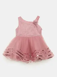 V-Mart Infant Girls Round Neck Self Design Cotton Fit & Flare Dress
