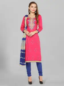 Kvsfab Pink & Blue Embroidered With Tie & Dye Satin Unstitched Dress Material