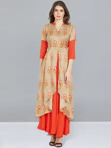 Kvsfab Beige & Orange Ethnic Motifs Printed Layered Maxi Fit & Flare Ethnic Dress