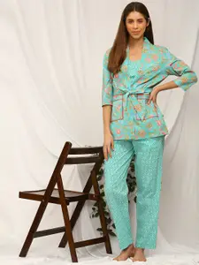 Bannos Swagger 3 Pieces Floral Printed Pure Cotton Night Suit