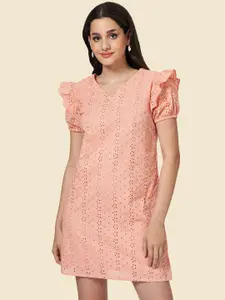 YU by Pantaloons V-Neck Schiffli Cotton A-Line Dress