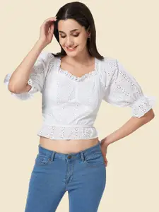 YU by Pantaloons Floral Embroidered Puff Sleeves Schiffli Cotton Crop Top