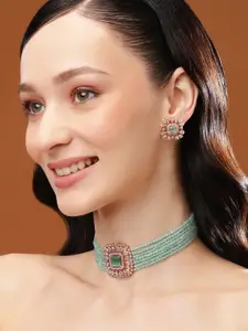 Estele Rhodium-Plated Studded Square Design Choker Necklace with Earrings