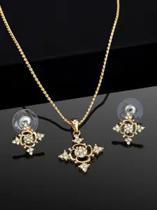 Estele Gold-Plated Studded Flower Design Pendant Necklace with Earrings