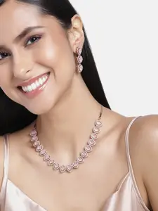 Estele Rhodium-Plated Studded Tear-Drop Shaped Necklace With Earrings