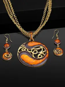Estele Gold-Plated Round Shaped Enamelled Necklace with Earrings