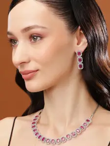 Estele Rhodium Plated CZ Ossum Octagon Necklace Set with Pink Crystals