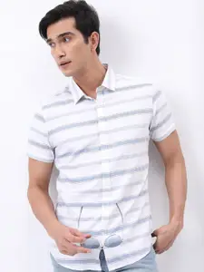 HIGHLANDER White And Blue Slim Fit Horizontal Striped Casual Shirt
