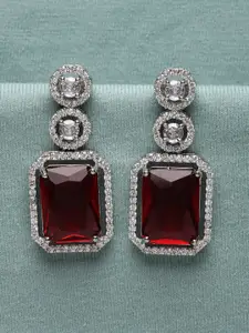 ZENEME Rhodium-Plated American Diamond Studded Geometric Shaped Drop Earrings