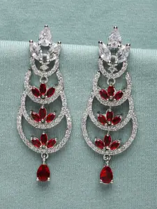 ZENEME Rhodium-Plated American Diamond Studded Crescent Shaped Drop Earrings