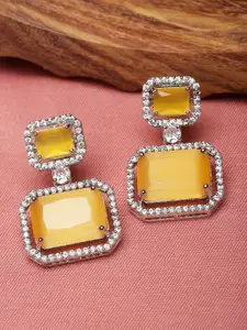 ZENEME Rhodium-Plated American Diamond Studded Square Shaped Drop Earrings