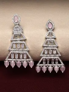 ZENEME Rhodium-Plated American Diamond Studded Triangular Shaped Drop Earrings